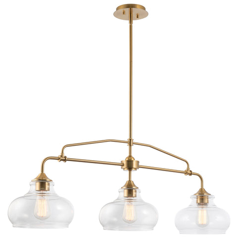 Kira Home Harlow 38" Modern Industrial Farmhouse 3-Light Kitchen Island Light with Clear Glass Shades, Adjustable Hanging Height, For Dining Room, Living Room or Kitchen, Cool Brass Finish
