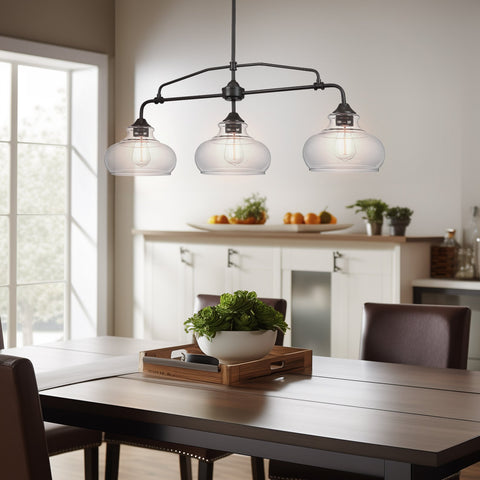 Kira Home Harlow 37.5" Modern Industrial Farmhouse 3-Light Kitchen Island Light, Clear Glass Shades, Adjustable Hanging Height, Oil Rubbed Bronze