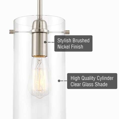 Kira Home Inara 11" Modern Minimalist Pendant Light + Clear Glass Cylinder Shade, Adjustable Height, Brushed Nickel Finish