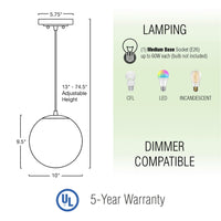 Ceres 10" Mid-Century Modern Hanging Orb Pendant Light