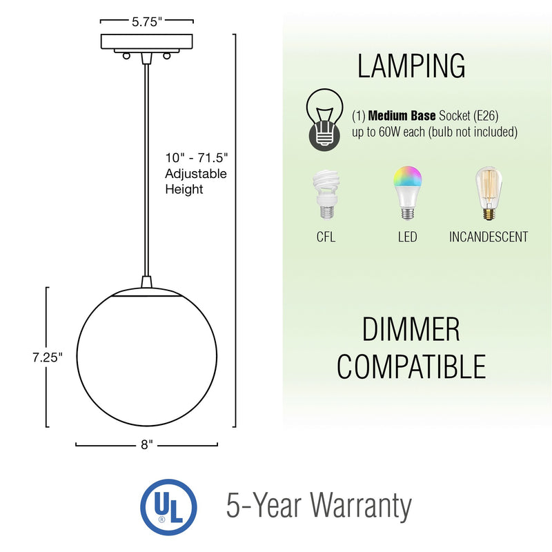 Ceres 8" Mid-Century Modern Hanging Orb Pendant Light