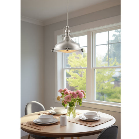 Kira Home Beacon 11" Industrial Farmhouse Pendant Light with Round Fresnel Glass Lens, Adjustable Hanging Height, Brushed Nickel Finish