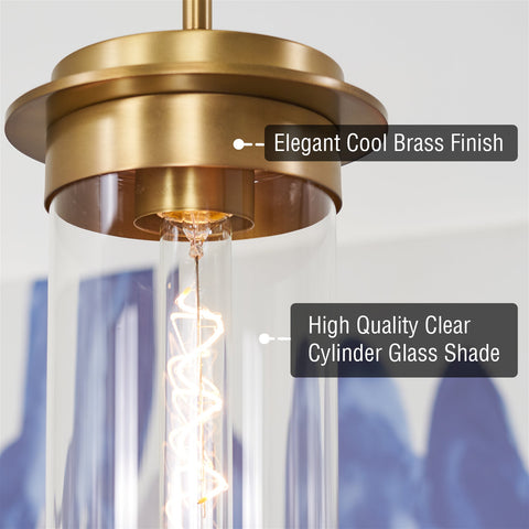 Kira Home Vivienne 13" Modern Pendant Light + Clear Cylinder Glass Shade, Adjustable Height, Warm Brass Finish