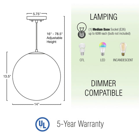 Ceres 14" Mid-Century Modern Hanging Orb Pendant Light