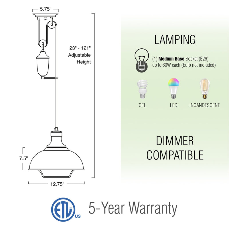 Sequoia 13" Large Industrial Farmhouse Pulley Pendant Light