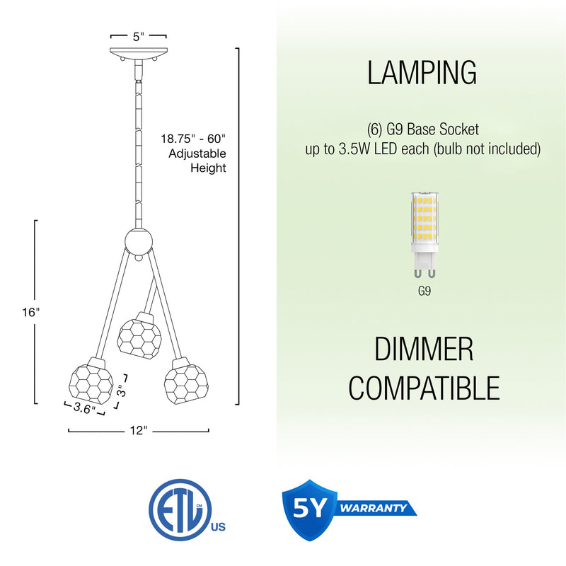 Kira Home Jewel 16" 6-Light Modern Crystal Pendant Chandelier, Adjustable Hanging Height, Cool Brass Finish