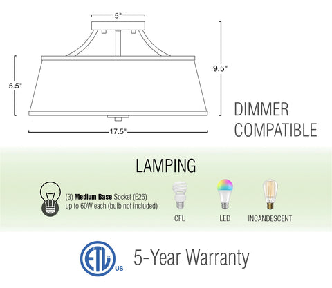 Zoey 18" Modern 3-Light Semi-Flush Mount Ceiling Light