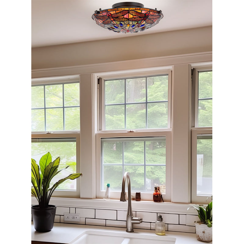 Mateo 16" 2-Light Modern Dragonfly Tiffany Glass Flush Mount Ceiling Light