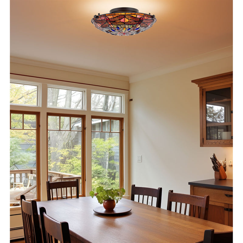 Mateo 16" 2-Light Modern Dragonfly Tiffany Glass Flush Mount Ceiling Light