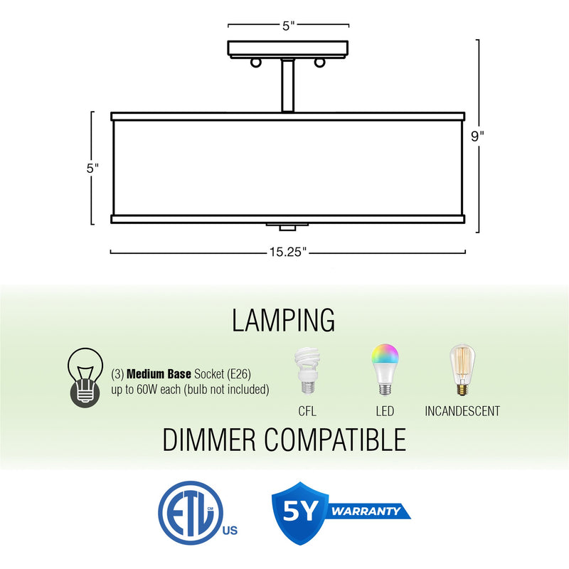 Chloe 15" Retro Modern 3-Light Semi-Flush Mount Ceiling Light