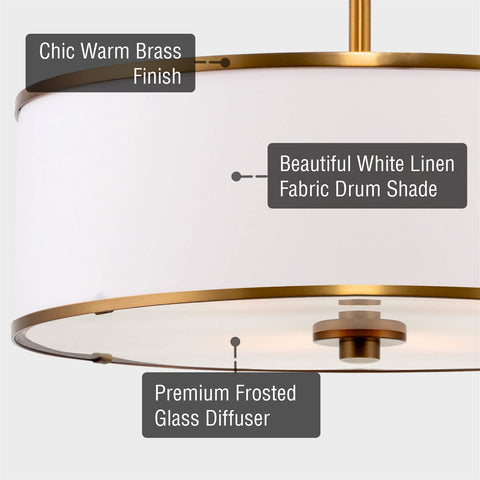 Kira Home Chloe 15" Retro Modern 3-Light Semi-Flush Mount Ceiling Light + White Drum Shade, LED Compatible, Round Tempered Glass Diffuser, Warm Brass