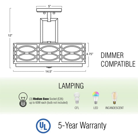 Sienna 15" 3-Light Semi Flush Mount Ceiling Light