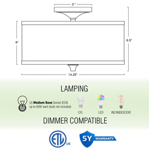 Newport 14" 2-Light Modern Semi-Flush Mount Ceiling Light