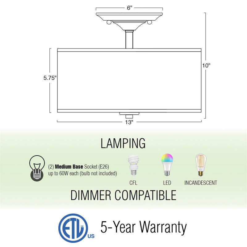 Addison 13" 2-Light Semi-Flush Mount Ceiling Light, Brushed Nickel Finish