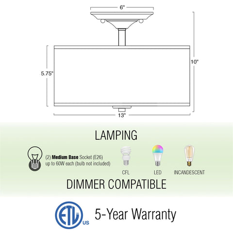 Addison 13" 2-Light Semi-Flush Mount Ceiling Light, Brushed Nickel Finish