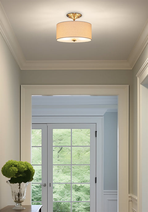 Kira Home Addison 13" 2-Light Semi-Flush Mount Ceiling Light Fixture with Off-White Fabric Drum Shade, Cool Brass Finish
