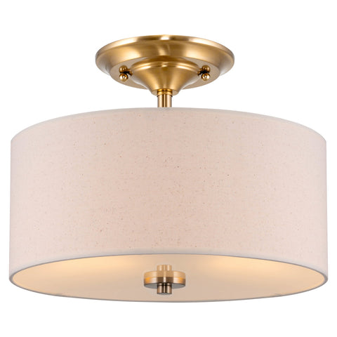 Kira Home Addison 13" 2-Light Semi-Flush Mount Ceiling Light Fixture with Off-White Fabric Drum Shade, Cool Brass Finish