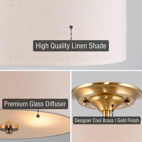 Addison 13" 2-Light Semi-Flush Mount Ceiling Light, Cool Brass Finish