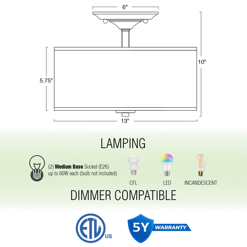 Addison 13" 2-Light Semi-Flush Mount Ceiling Light, Cool Brass Finish