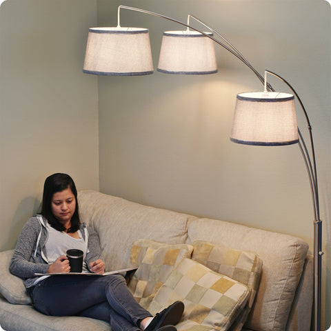 Kira Home Akira 78.5" Modern 3-Light Arc Floor Lamp with 3-Way Switch, Gray Burlap Shades + Brushed Nickel Finish