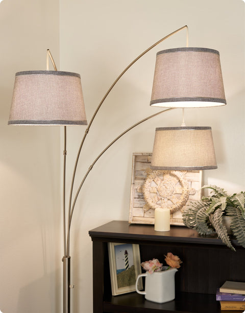 Kira Home Akira 78.5" Modern 3-Light Arc Floor Lamp with 3-Way Switch, Gray Burlap Shades + Brushed Nickel Finish
