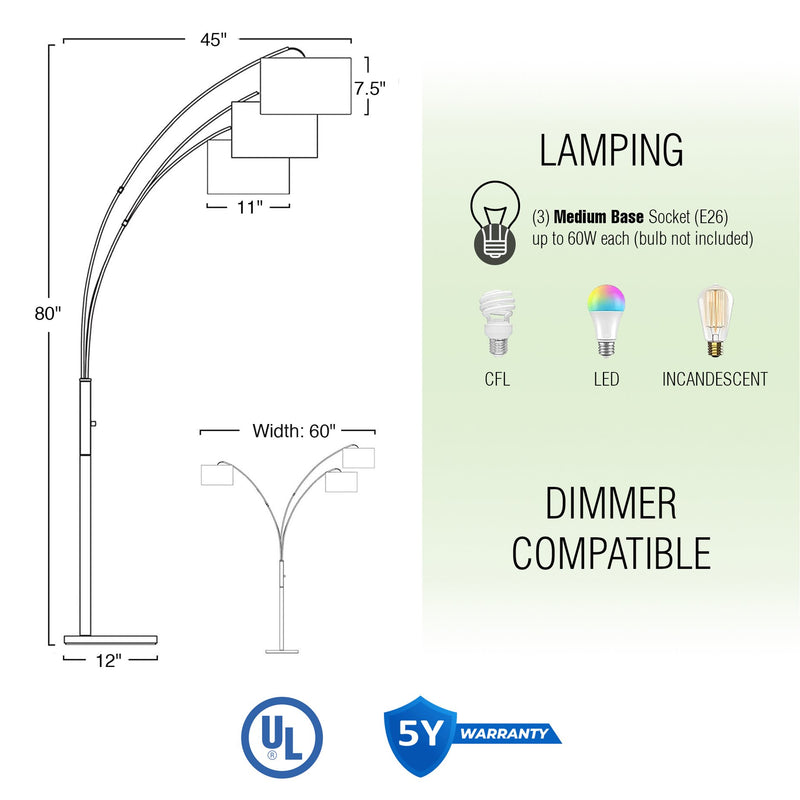 Akira 79" Modern 3-Light Arc Floor Lamp with 3-Way Switch