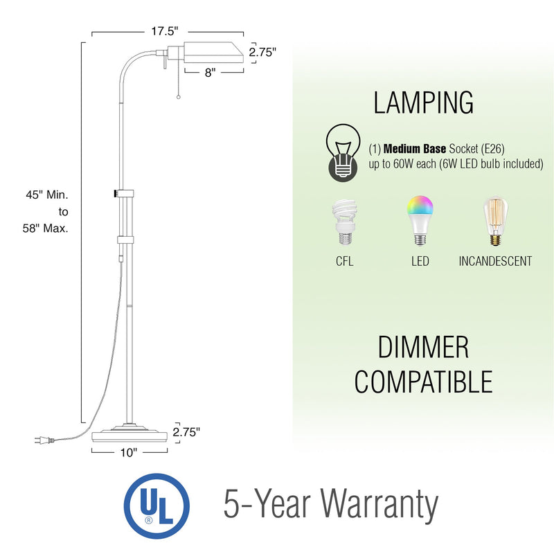 Kira Home Prescott 58" 6W LED Bulb (60W eq.) Modern Industrial Adjustable Standing Pharmacy Floor Lamp