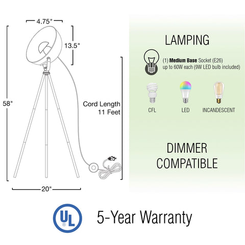 Sulis 58" Modern Industrial Tripod 9W LED Floor Lamp