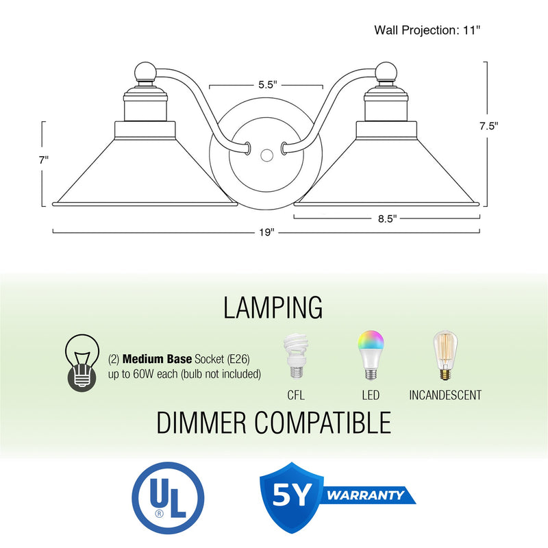 Welton 19" 2-Light Modern Farmhouse Bathroom Wall Sconce