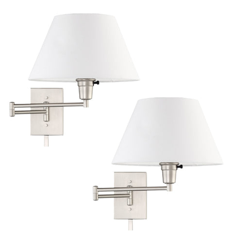 Kira Home Cambridge 13" Swing Arm Wall Lamp - Plug In/Wall Mount + White Fabric Shade, 150W 3-Way + Cord Covers, Satin Nickel Finish, 2-Pack