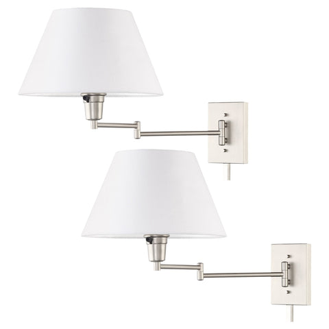 Kira Home Cambridge 13" Swing Arm Wall Lamp - Plug In/Wall Mount + White Fabric Shade, 150W 3-Way + Cord Covers, Satin Nickel Finish, 2-Pack