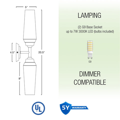 Kira Home Aurora 21" Modern 2-Light Gold Wall Sconce for Bedroom, Hallways, Pack of 2