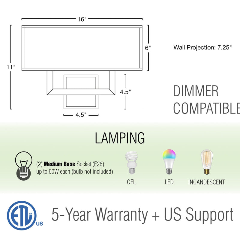Haven 16" 2-Light Modern Wall Sconce