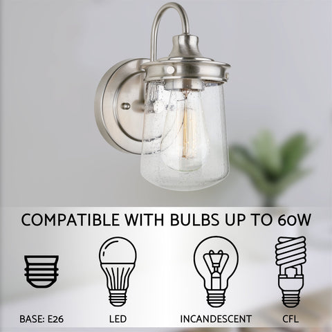 Kira Home Mason 10" Industrial Farmhouse Wall Sconce/Light, Seeded Glass Shade, Dimmable, Brushed Nickel Finish