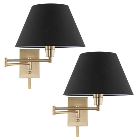 Kira Home Cambridge 15" Modern Swing Arm Wall Lamp - Plug In/Wall Mount + Black Fabric Shade, Cool Brass Finish, 2-Pack