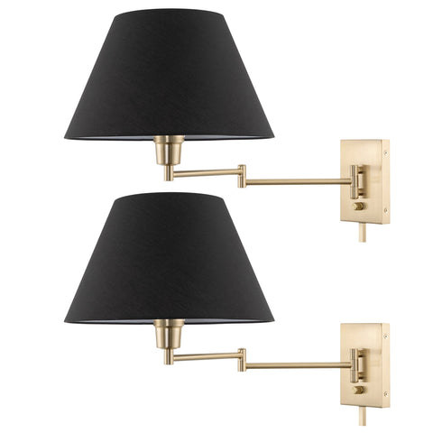 Kira Home Cambridge 15" Modern Swing Arm Wall Lamp - Plug In/Wall Mount + Black Fabric Shade, Cool Brass Finish, 2-Pack