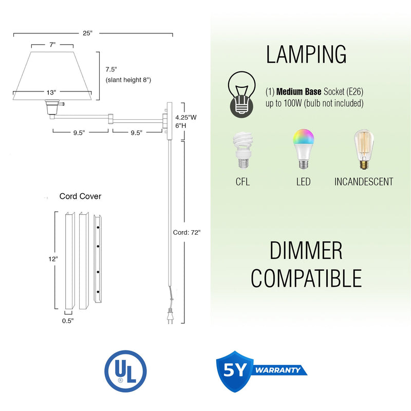 Cambridge 15" Modern Swing Arm Wall Lamp - Plug In/Wall Mount, 2-Pack