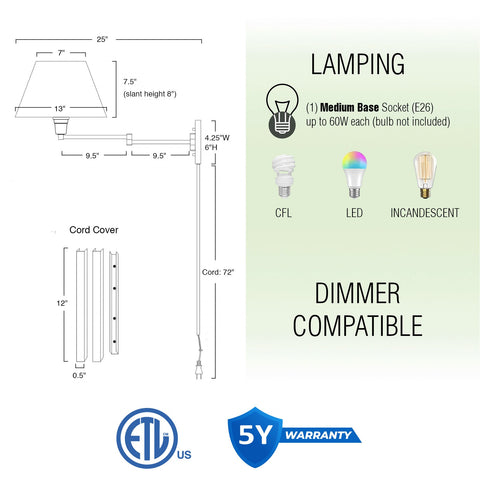 Cambridge 15" Modern Swing Arm Wall Lamp - Plug In/Wall Mount, 2-Pack