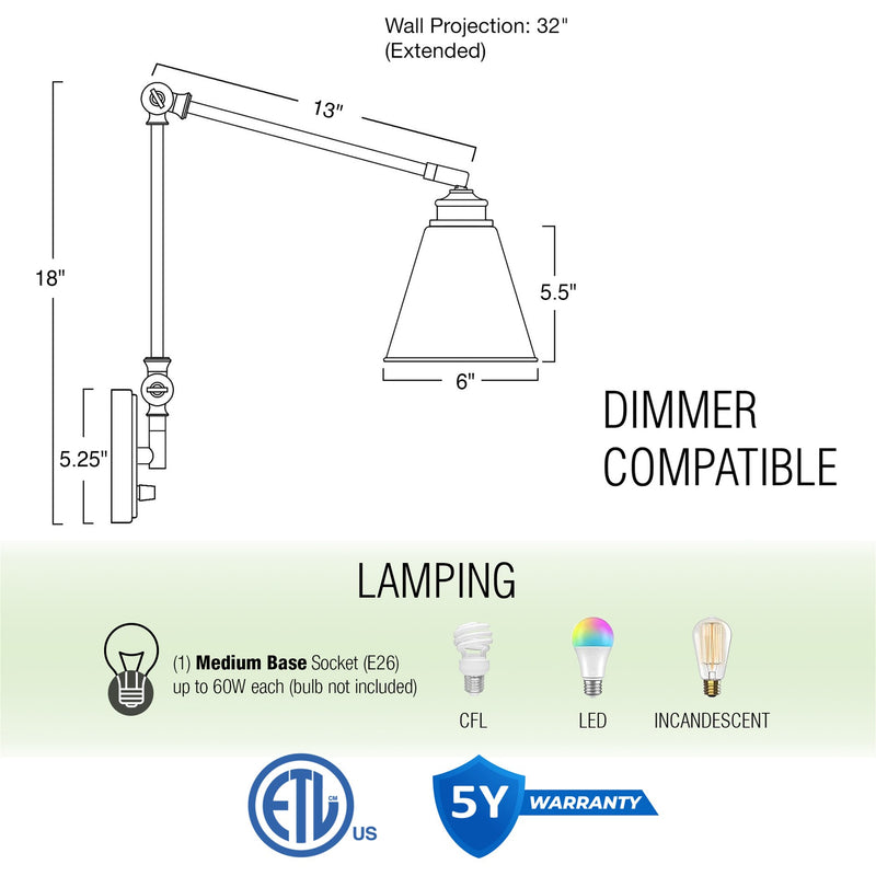 Ellis 18" Vintage Industrial Swing Arm Wall Lamp, 2-Pack