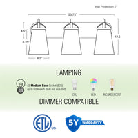 Voltaire 24" Modern Farmhouse 3-Light Vanity / Bathroom Light