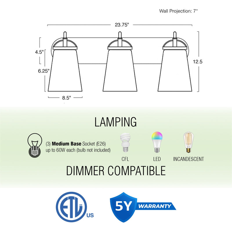 Voltaire 24" Modern Farmhouse 3-Light Vanity / Bathroom Light