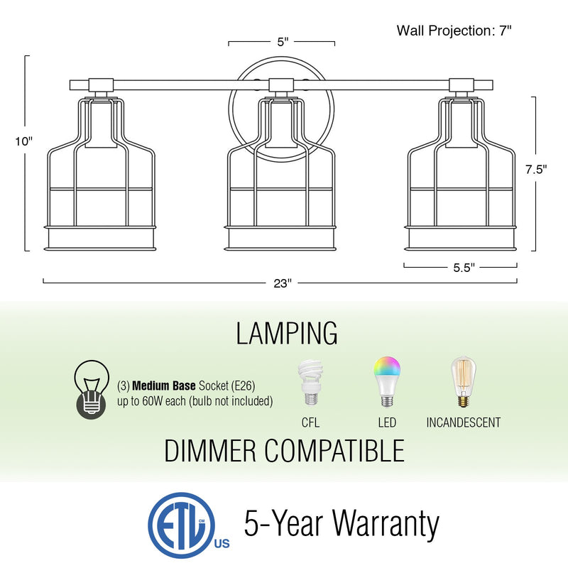 Halstead 23" 3-Light Farmhouse Metal Cage Vanity / Bathroom Light