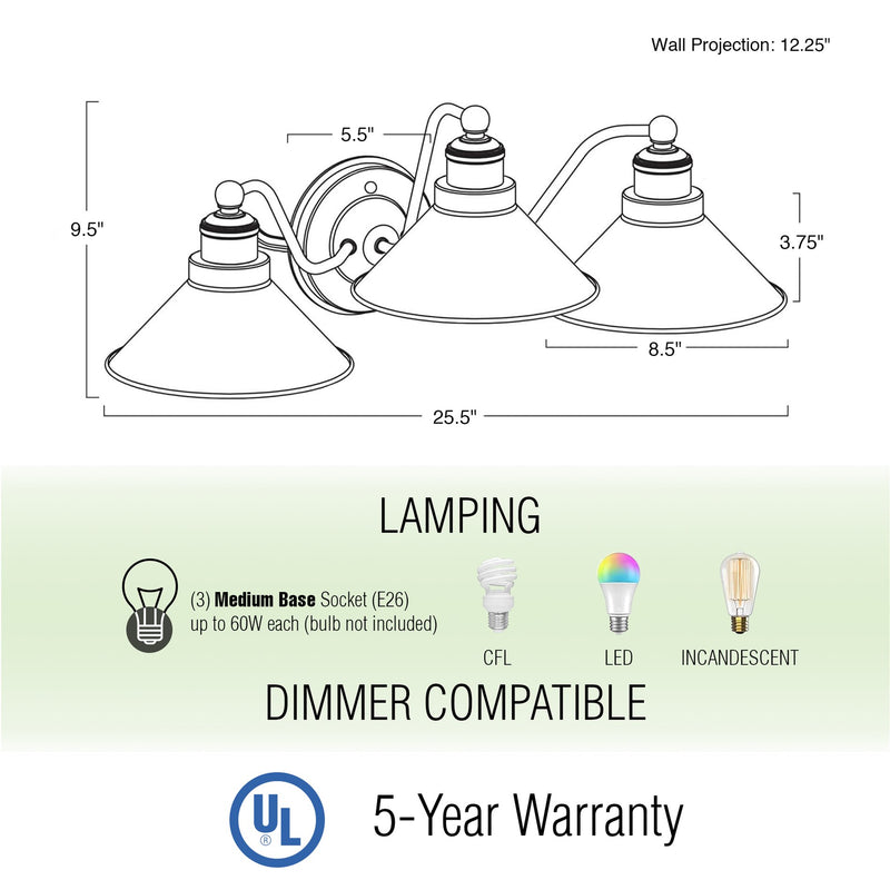 Welton 26" Modern Industrial 3-Light Vanity / Bathroom Light
