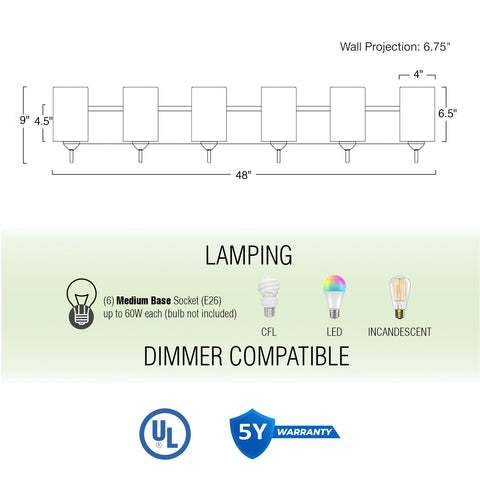 Armada II 48" Modern 6-Light Over Mirror Vanity / Bathroom Light