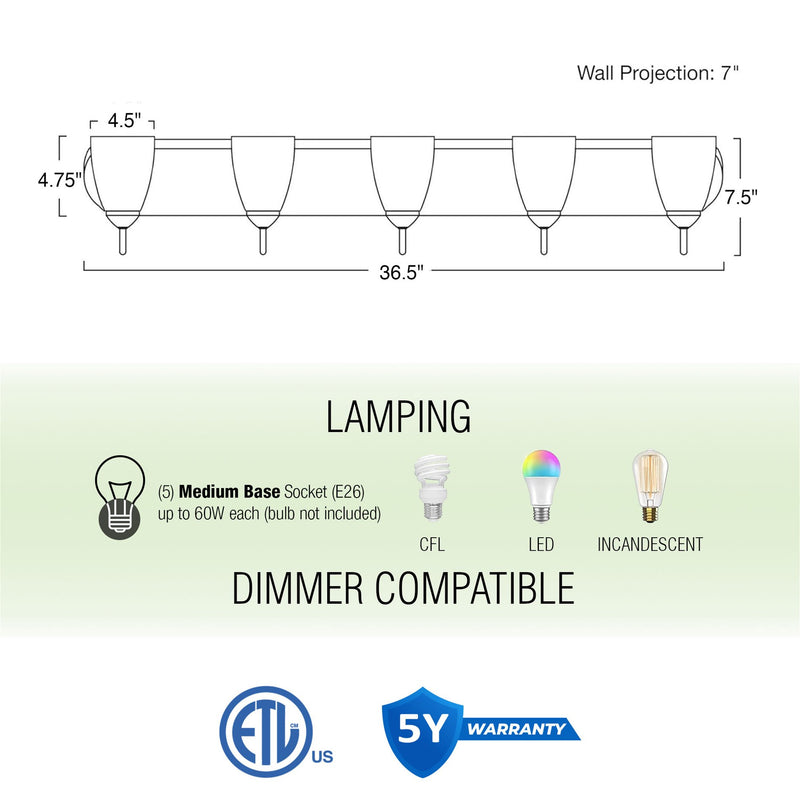 Armada 37" Modern 5-Light Over Mirror Vanity / Bathroom Light