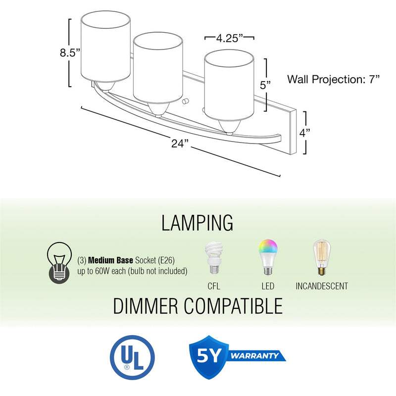 Claremont 24" Modern 3-Light Vanity / Bathroom Light