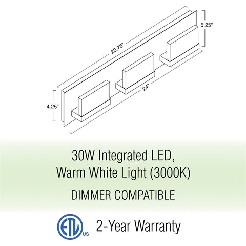 Everett 24" Modern 3-Light 30W Integrated LED (180W eq.) Bathroom / Vanity Light