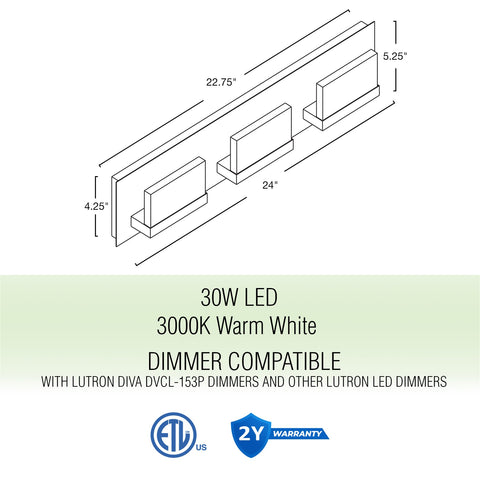 Everett 24" Modern 3-Light 30W Integrated LED (180W eq.) Bathroom / Vanity Light