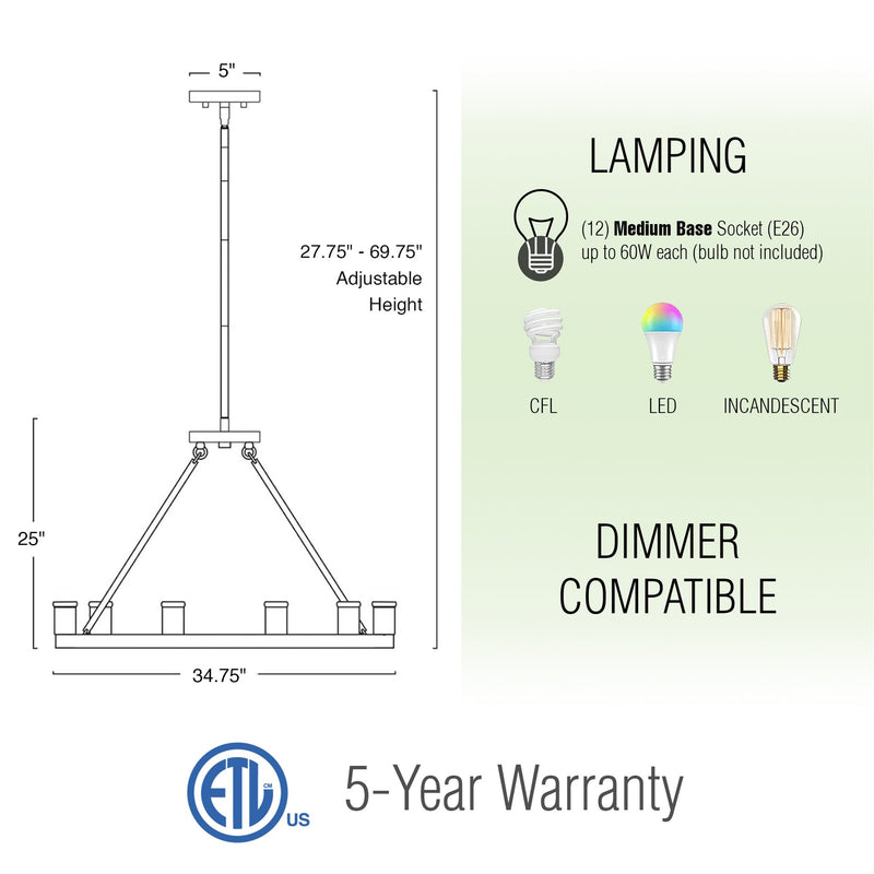 Homestead 36" 12-Light Large Rustic Farmhouse Wagon Wheel Kitchen Island Chandelier