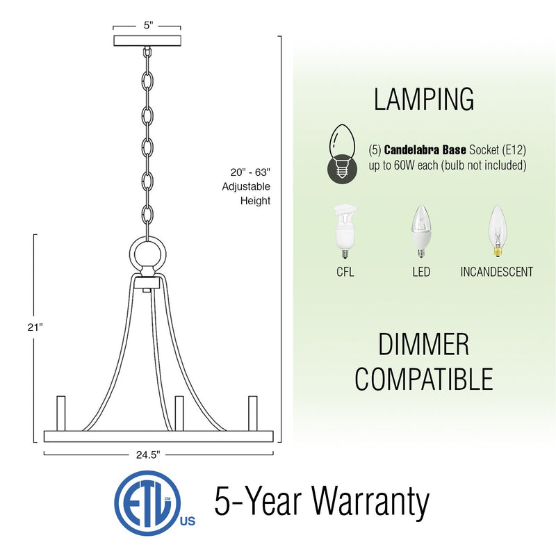 Fairbrook 25" 5-Light Rustic Farmhouse Wagon Wheel Kitchen Island Light / Chandelier